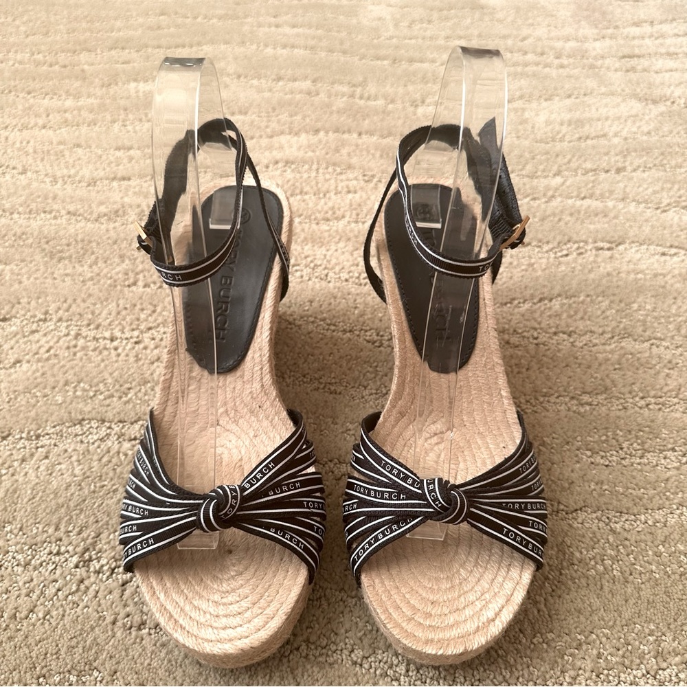 NEW Tory Burch Ribbon Strappy Wedge Espadrille Platform Sandals Navy Cream Tan 9 - Picture 2 of 16